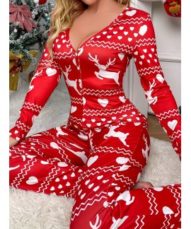 Casual V Neck Long Sleeve Christmas Deer Print Pajama Set
