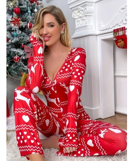 Casual V Neck Long Sleeve Christmas Deer Print Pajama Set