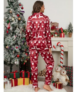 Casual Long Sleeve Christmas Deer & Heart Print Pajama Set