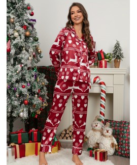 Casual Long Sleeve Christmas Deer & Heart Print Pajama Set