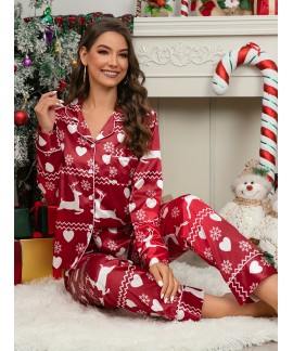 Casual Long Sleeve Christmas Deer & Heart Print Pajama Set