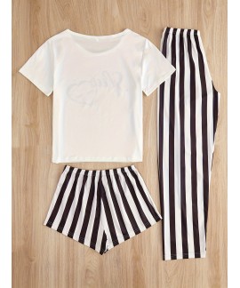 Casual Crew Neck Short Sleeve 3-Piece Heart & Stripe Print women Pajama Set