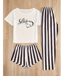 Casual Crew Neck Short Sleeve 3-Piece Heart & Stripe Print women Pajama Set