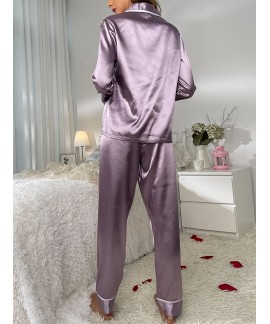 Comfy Long Sleeve Pocket Solid Satin Women Pajama Set