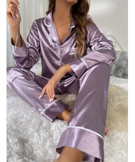 Comfy Long Sleeve Pocket Solid Satin Women Pajama Set