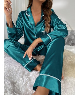 Comfy Long Sleeve Pocket Solid Satin Women Pajama Set