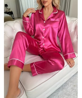 Comfy Long Sleeve Pocket Solid Satin Women Pajama Set