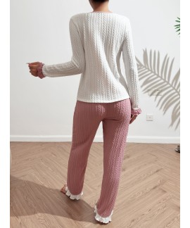 Long Sleeve V Neck Twist Textured women Pajama Set