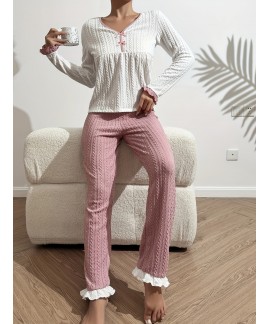 Long Sleeve V Neck Twist Textured women Pajama Set