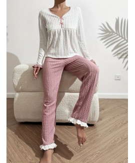 Long Sleeve V Neck Twist Textured women Pajama Set