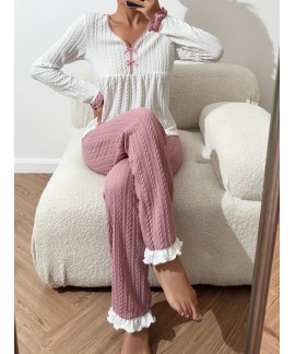 Long Sleeve V Neck Twist Textured women Pajama Set