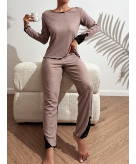 Long Sleeve Crew Neck lace Stitching women Pajama Set