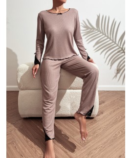 Long Sleeve Crew Neck lace Stitching women Pajama Set