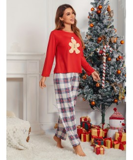 Long Sleeve Crew Neck Christmas Print ladies Pajama Set