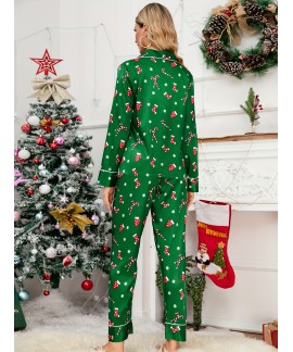 Casual V Neck Long Sleeve Christmas Socks Print ladies Pajama Set