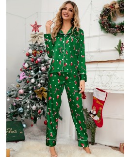 Casual V Neck Long Sleeve Christmas Socks Print ladies Pajama Set