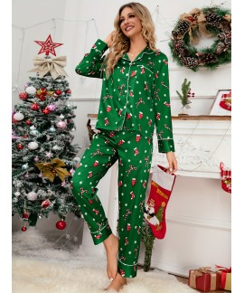 Casual V Neck Long Sleeve Christmas Socks Print ladies Pajama Set