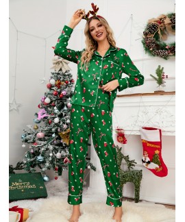 Casual V Neck Long Sleeve Christmas Socks Print ladies Pajama Set