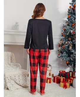 Long Sleeve Crew Neck Christmas Pattern Print women Pajama Set