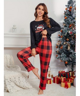 Long Sleeve Crew Neck Christmas Pattern Print women Pajama Set