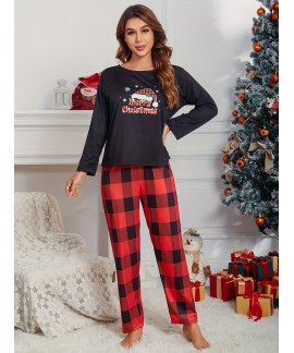 Long Sleeve Crew Neck Christmas Pattern Print women Pajama Set