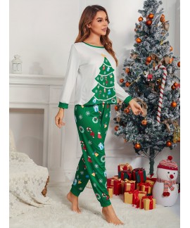 Long Sleeve Crew Neck Christmas Tree Print women Pajama Set