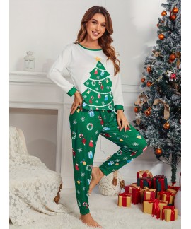 Long Sleeve Crew Neck Christmas Tree Print women Pajama Set
