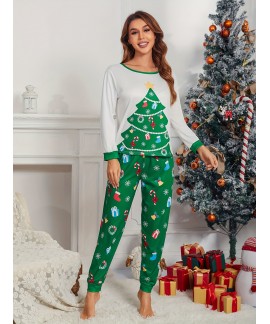 Long Sleeve Crew Neck Christmas Tree Print women Pajama Set