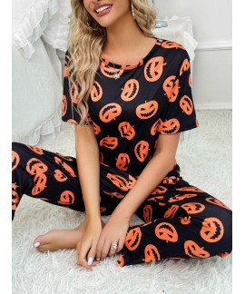 Halloween Short Sleeve Crew Neck Pumpkin Print ladies Pajama Set