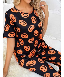 Halloween Short Sleeve Crew Neck Pumpkin Print ladies Pajama Set