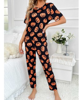 Halloween Short Sleeve Crew Neck Pumpkin Print ladies Pajama Set