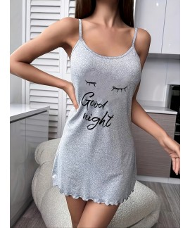 Casual Crew Neck Letter Print Slip women Nightdress