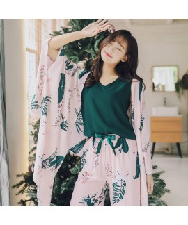 Long-sleeved Retro-style Blown-out Women's Leisure Cotton and Silk Three-piece Sleepwear