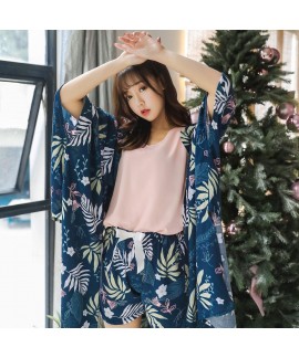 Long-sleeved Retro-style Blown-out Women's Leisure Cotton and Silk Three-piece Sleepwear