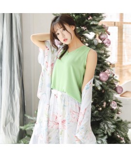 Long-sleeved Retro-style Blown-out Women's Leisure Cotton and Silk Three-piece Sleepwear