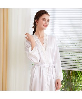 Long-sleeved Ice Silk Nightgown lace morning gown simulated silk bathrobe for women