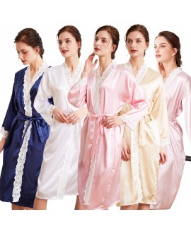 Long-sleeved Ice Silk Nightgown lace morning gown ...
