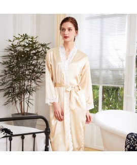 Long-sleeved Ice Silk Nightgown lace morning gown simulated silk bathrobe for women