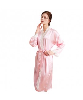 Long-sleeved Ice Silk Nightgown lace morning gown simulated silk bathrobe for women