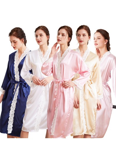 Long-sleeved Ice Silk Nightgown lace morning gown simulated silk bathrobe for women