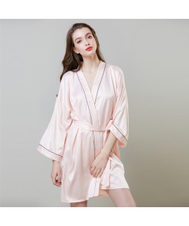Simulated Silk Sleepwear For Summer Mid-long Sleeve Morning Dress Ice Silk Bathrobe