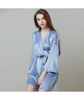 Simulated Silk Sleepwear For Summer Mid-long Sleeve Morning Dress Ice Silk Bathrobe