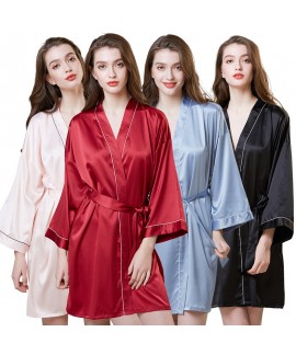 Simulated Silk Sleepwear For Summer Mid-long Sleev...