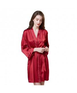Simulated Silk Sleepwear For Summer Mid-long Sleeve Morning Dress Ice Silk Bathrobe