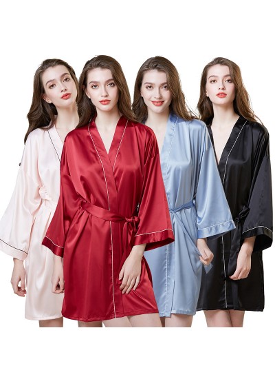 Simulated Silk Sleepwear For Summer Mid-long Sleeve Morning Dress Ice Silk Bathrobe