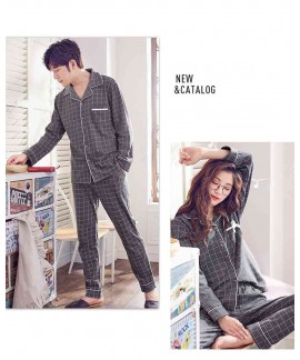 Cotton long-sleeved cardigan plaid casual home wear couple pajamas set