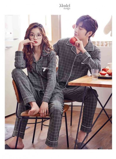 Cotton long-sleeved cardigan plaid casual home wear couple pajamas set