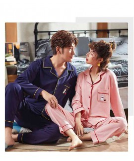 Korean Couple Lapel Pajamas Long Sleeve Cotton Cardigan Home Service Pajamas Set