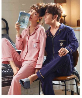 Korean Couple Lapel Pajamas Long Sleeve Cotton Car...