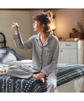 Korean Couple Lapel Pajamas Long Sleeve Cotton Cardigan Home Service Pajamas Set